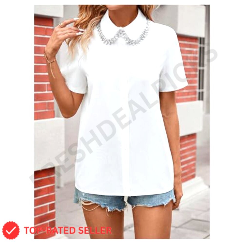 Rhinestone Collared Button Down Blouse Office Wor… - image 3